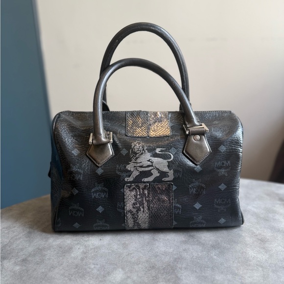 MCM Handbags - MCM Black Monogram Leather Satchel with Snakeskin and Lion Motif
